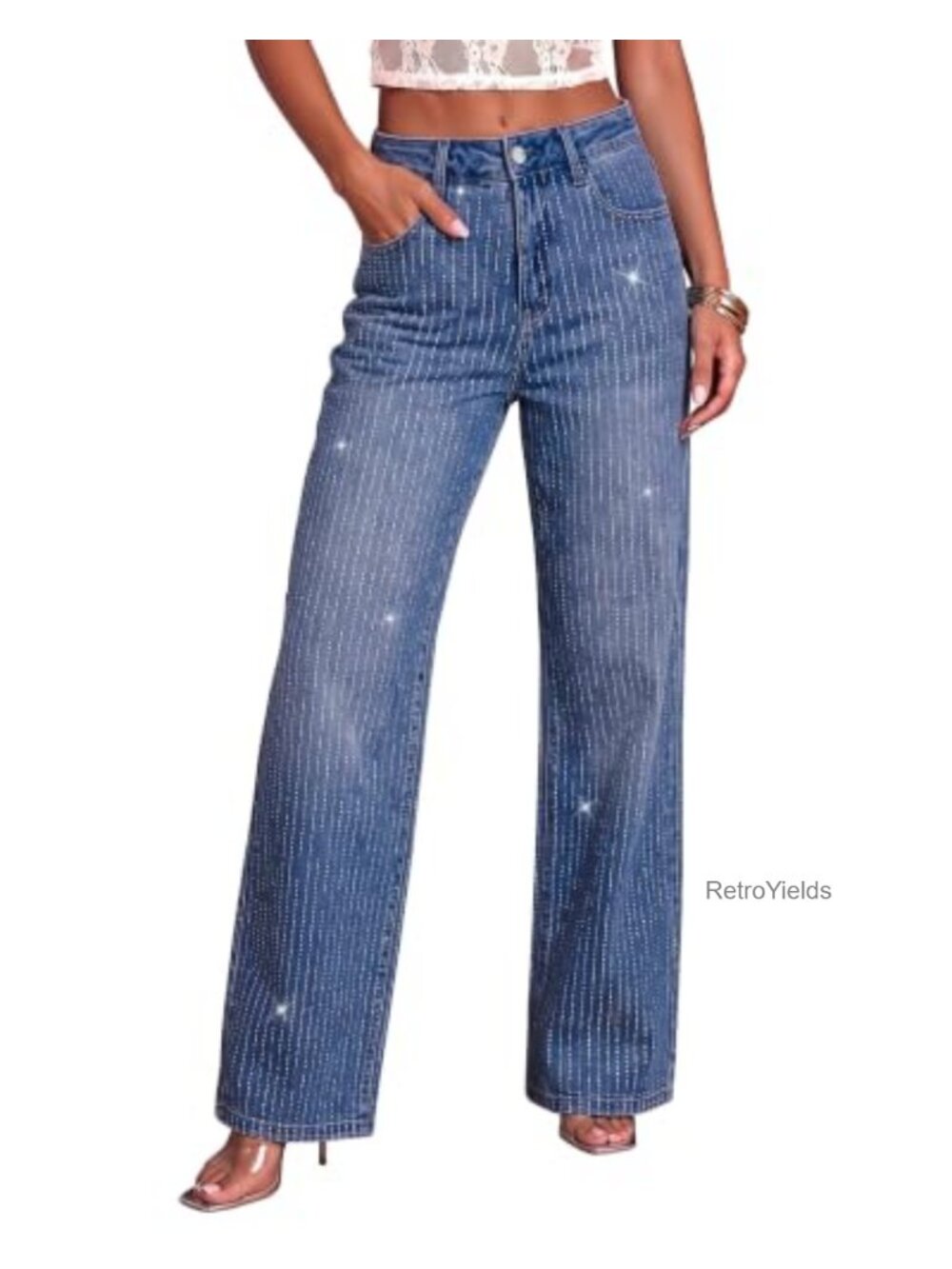 High Waisted Wide Leg Rhinestone Stretch Jeans - Picture 1 of 6